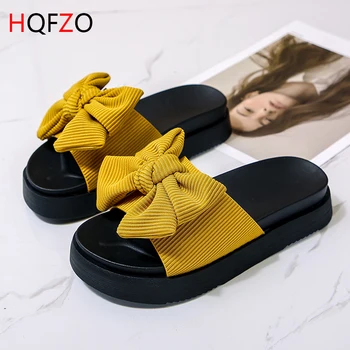 

HQFZO Bowknot Women Slippers Non-slip PU Leather Slides Mideum Heels Women Summer Thick Bottom Flip Flops Beach Women Slates