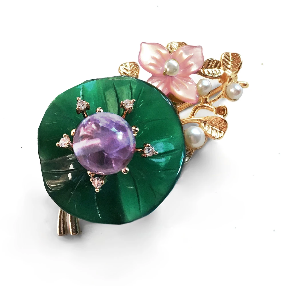 La MaxZa Freshwater Pearl Lotus Brooches For Women Fashion Jewelry Lady Sweater Suit Christmas Gift Handmade Brooches XZ2023 - Metal color: Amethyst