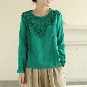 

2020 New Arts Style Spring Women Long Sleeve Lace Patchwork T-shirt Cotton Linen Vintage Loose O-neck T Shirt Plus Size S621