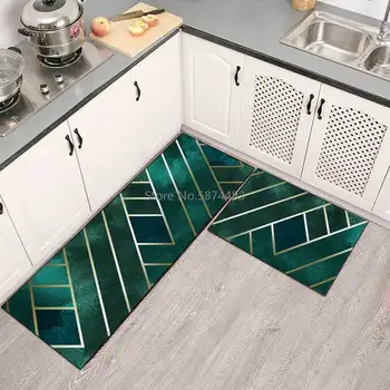 

Fashionable Modern Minimalist Green Line Kitchen Mat Combination Entry Mat Bedroom Non-slip Bedside Blanket