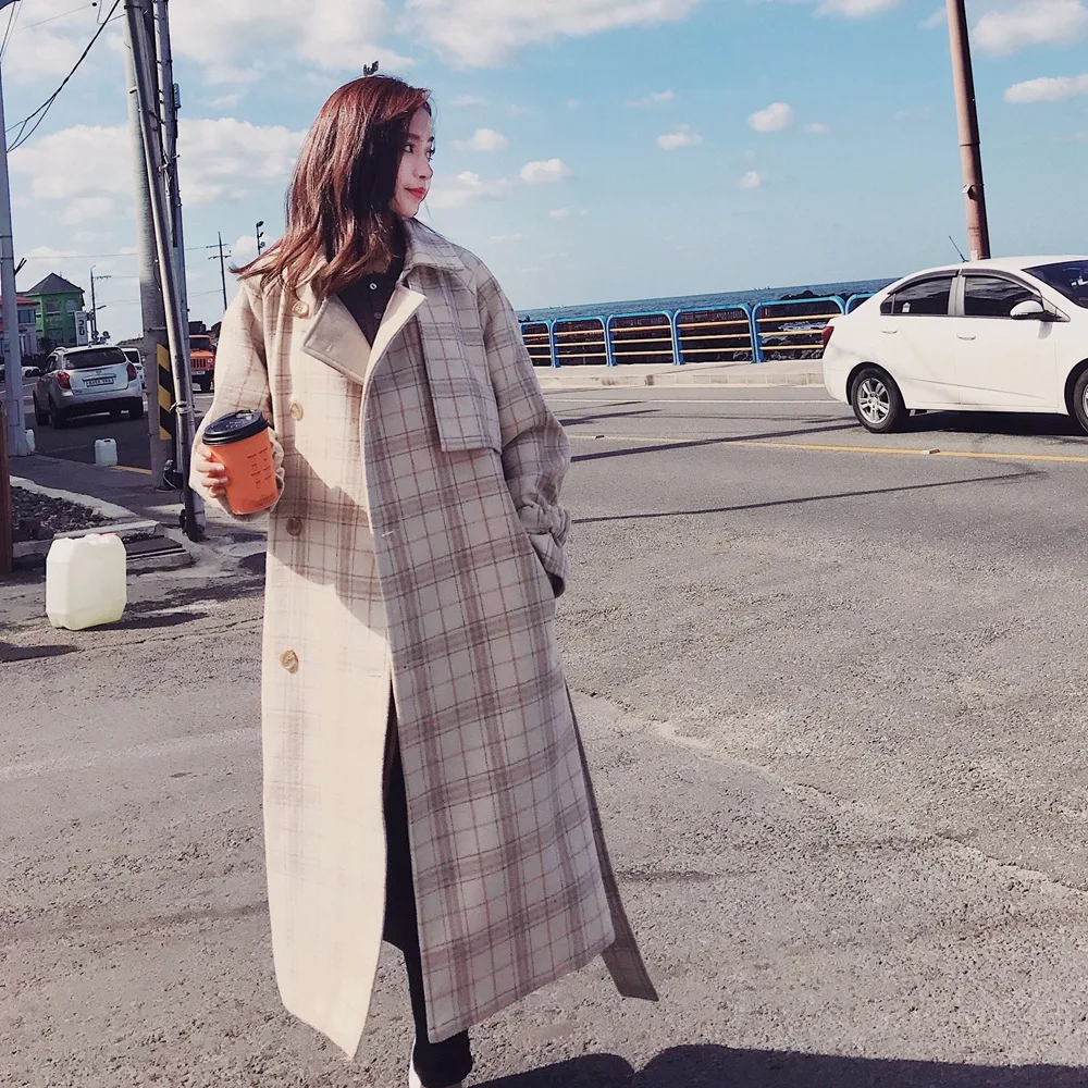 

Photo Shoot 2018 Winter New Style WOMEN'S Dress-Style Retro CHIC Long Waist Hugging Plaid Woolen Coat Woolen Overcoat