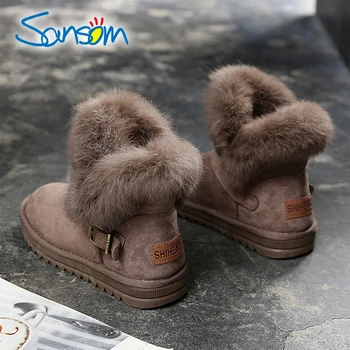 

Snow Boots Women Flock Leather Medium High Solid Color Thick Fur Inside High Quality Lady Winter Boots Plush Lined Rabbit Fur
