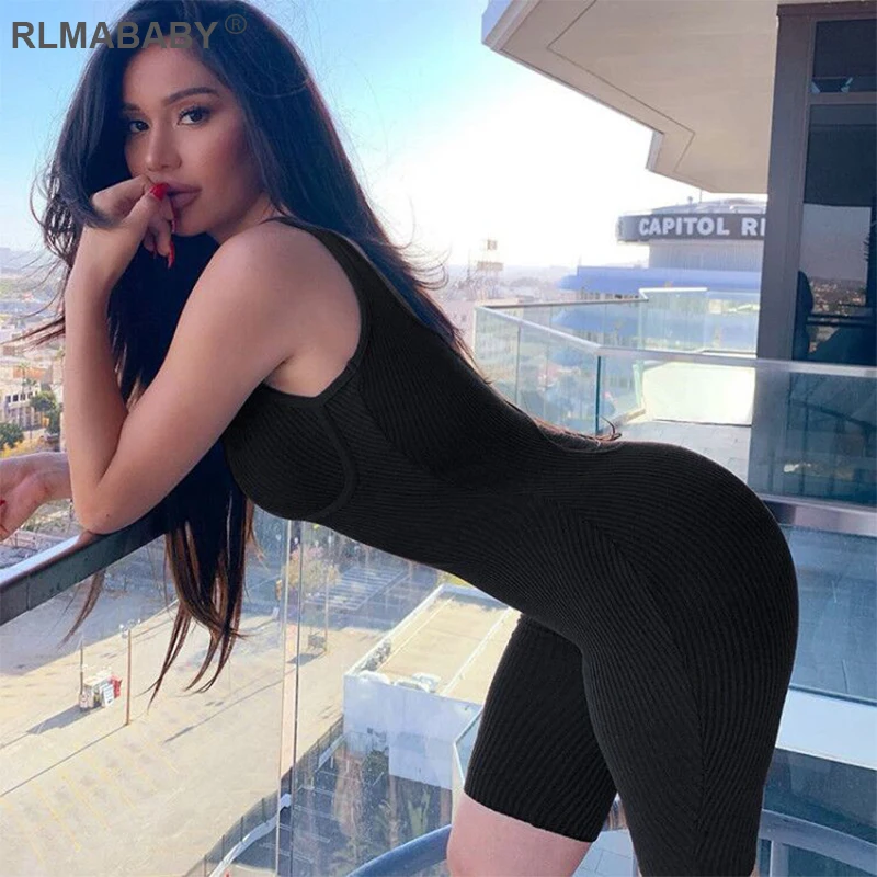 RLMABABY Summer Women Ribbed Playsuit Skinny V Neck Zipper Fitness Jumpsuit Sleeveless Backless Sexy Rompers Playsuit Jumpsuit