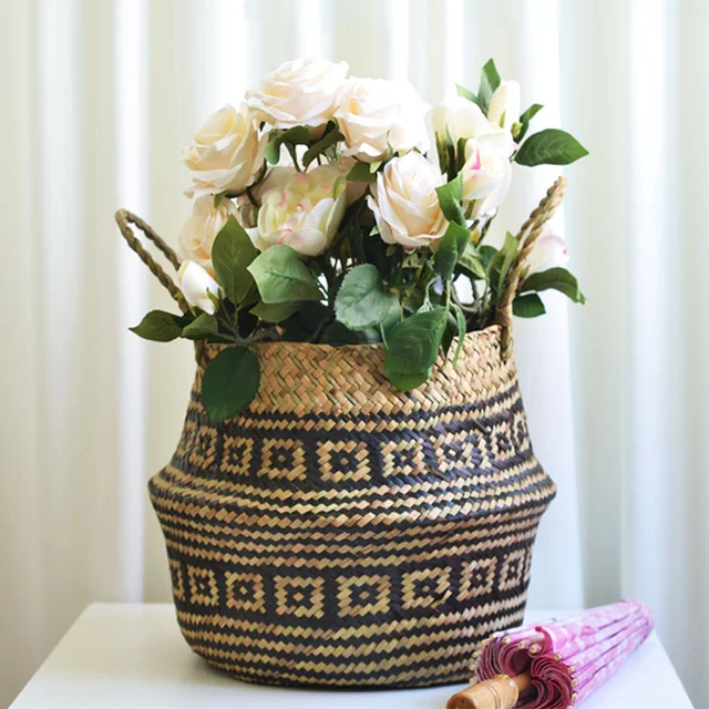 Panier de rangement en osier d'algues, pot de fleurs suspendu en rotin pour vêtements jouets, panier de rangement Binaural pliant en paille, panier de fleurs de décoration de maison – Image 4
