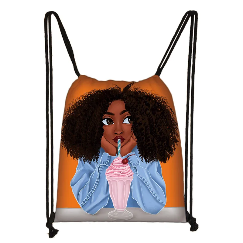 Милый мультфильм афро Девушки drawstring Сумка Черный Коричневый женская сумка для хранения леди модный рюкзак Африка сумки для девушек для путешествий Подарок - Цвет: skdafr49