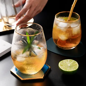 

Nordic Belly Glass Cup Creative Fruit Cups Gold Rim Steel Glass Home Women Transparent Taza De Cafe Drinkware Glass AC50BL