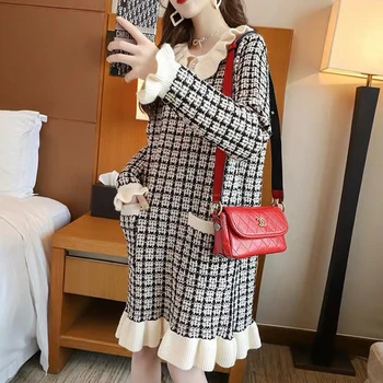 

Autumn Winter Women Knitted Sweater Dress Women Lattice Warm Long Pullovers Female Ruffle Knitting Sweaters Ladies Knitwear Pull