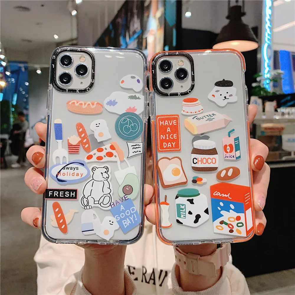 Cartoon Pizza Bread Style Two-Color Transparent Shockproof TPU Mobile Phone Case Iphone 12 11 PRO MAX XS X XR SE 8 7 6 PLUS 6S