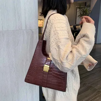 

Retro Alligator Bucket Bags Women Crocodile Pattern Handbag Capacity Casual Crocodile Shoulder Messenger Bags Ladies PU Purse #9