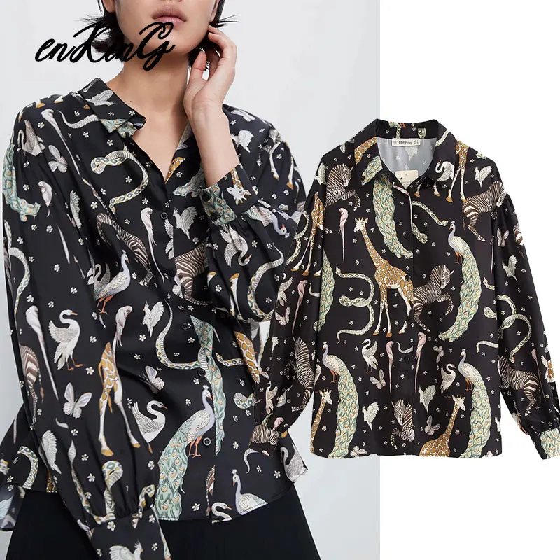 

2020 blouse women top casual long sleeve england style v neck animal print womens blouse button summer women tops
