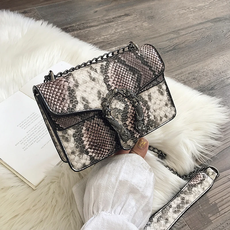 

Snake Pattern Woman Handbag 2020 Designer Shoulder Crossbody Bag Vintage Chain Serpentine PU Leather Small Flap Messenger Bag