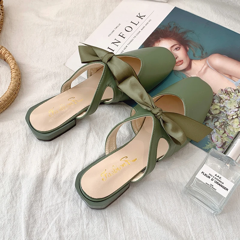 Mazefeng Party Women Mules Slipper Pointed Toe Block Strap Closed Shallow High Heels Shoes Sandals Black Beige Square Heel Pumps