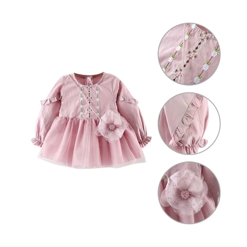 Платье для маленьких девочек От 0 до 3 лет платья с длинными рукавами и цветочной вышивкой для маленьких девочек детский сетчатый сарафан+ сумка