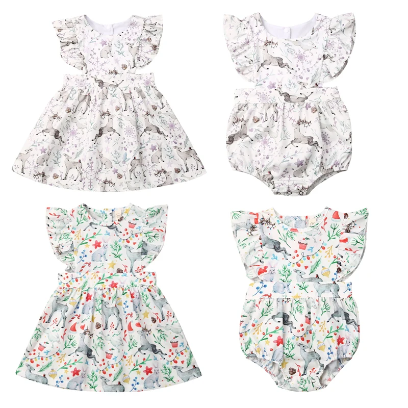 Christmas Kids Baby Girls Clothes Sister Matching Deer Print Flowers Romper Dress Outfits | Мать и ребенок