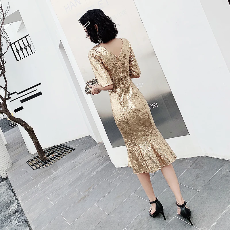 Это YiiYa вечернее платье с золотыми блестками, элегантные вечерние платья размера плюс, вечерние платья с коротким рукавом и v-образным вырезом, vestidos de fiesta LF097