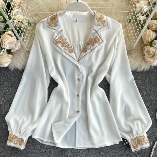 

2020 Autumn New Women's Retro Machine Embroidery Business Suit Collar Temperament Wild Long Sleeve Blouse Office Lady Tops Blusa