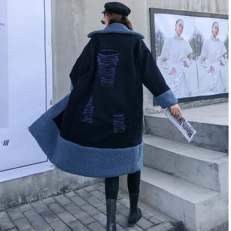 Vefadisa джинсовое лоскутное шерстяное пальто для женщин зимнее плотное Свободное пальто длинное пальто с карманами на молнии пальто с лацканами и широкой талией QYF1420