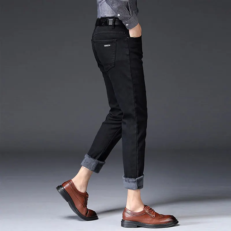 60% OFF Fashion Winter Men Jeans Black Color Slim Fit Elastic Thick Velvet Casual Business Pants Vintage Classical Warm Jeans Men
