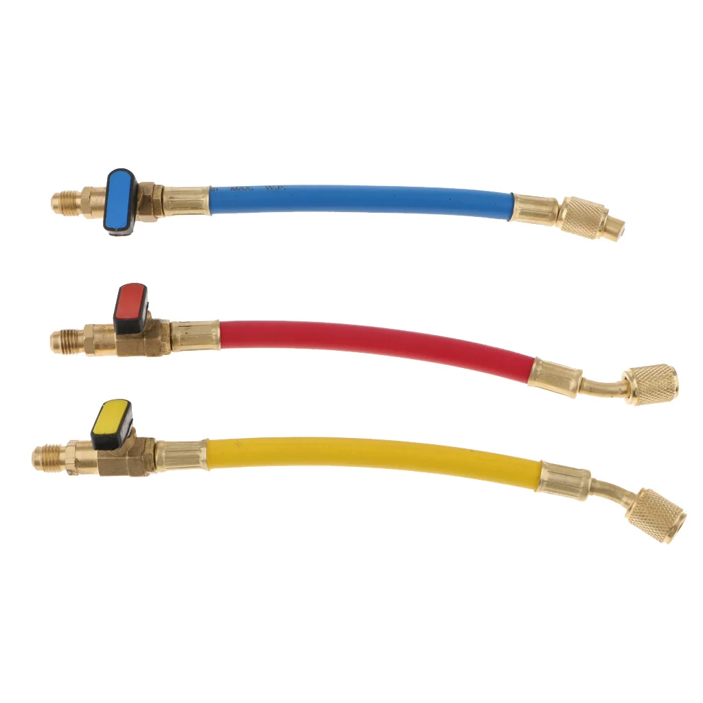 3 Pieces A/C HVAC R134A R410A R22 R12 Short Charging Hoses with Ball Valves