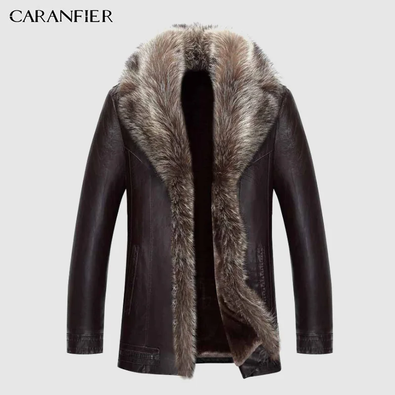 CARANFIER, воротник из натурального меха енота, мужские Куртки из искусственной кожи, зимнее утепленное пальто, Jaqueta De Couro Chaqueta, мужские Куртки из искусственной кожи
