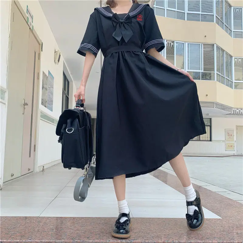 Harajuku Sailor Collar Navy Dress Japanese Lolita Sweet Bow-knot Girl Retro Cotton Kawaii Preppy Style Short Sleeve Dress Women