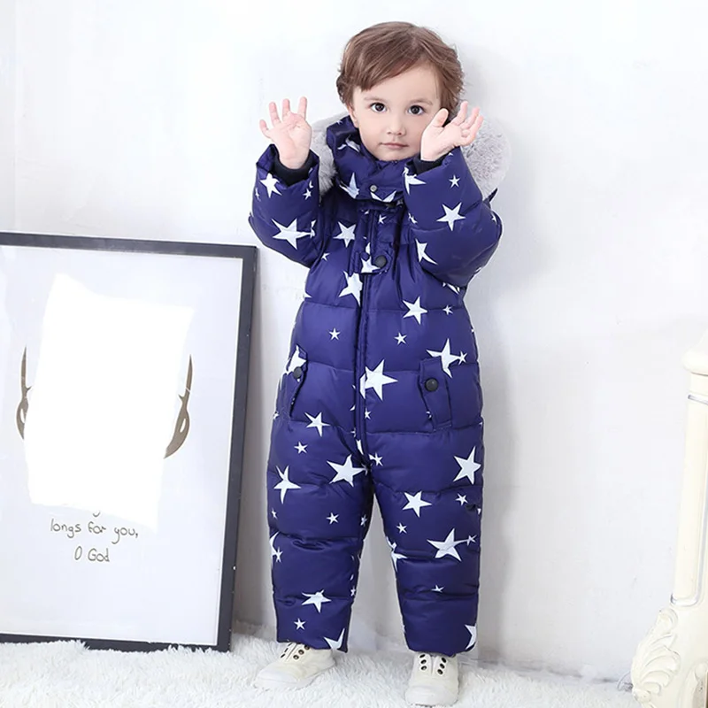 Russian Winter Kids Baby Snowsuit Fleece Liner Thick Warm Down Rompers Hooded Toddler Boys Girls Winter Jacket Ski Suit Outdoor