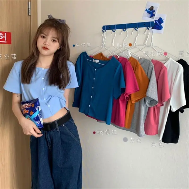 Женские футболки семь цветов однотонная Эстетическая одежда Kawaii Ladies Ulzzang