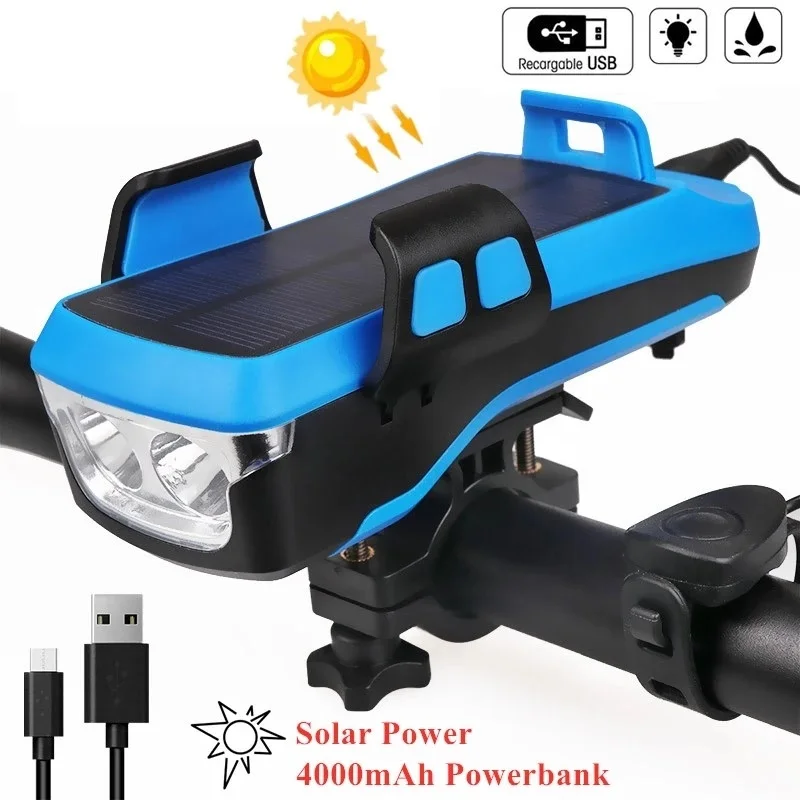 Upgraded Multifunction 5 in 1 Bicycle Light Solar Power USB Recharegable Bike 4000mAh Bank Cycling Phone Holder Horn | Мобильные