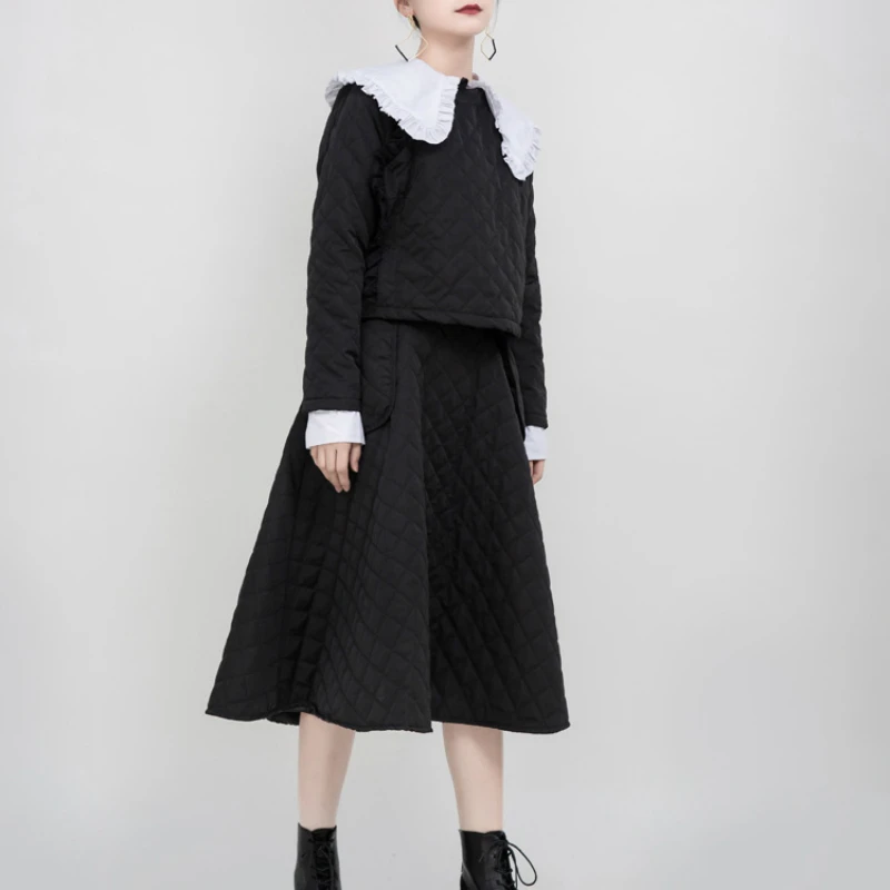 Women Suits Japan Style White Basic Blouser and Black Cotton Padded Wrap Outwear Top +Black Skirts with Pockets Sweet Girls Sets