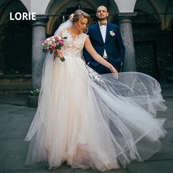 

LORIE Sexy Open Back Elegant Lace Appliqued Soft Tulle Wedding Dresses Vintage Princess Illusion Beach Boho Bridal Gowns Country