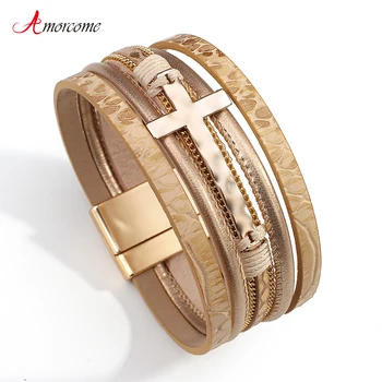 

Amorcome Fashion Women Leather Bracelets Metal Cross Charm Wide Wrap Bracelets Bangles Bohemian Handmade Wrist Jewelry 6 Colors