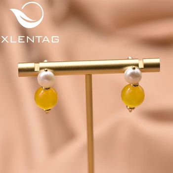 

XlenAg Natural Freshwater Pearl Round Yellow Handmade Earrings Harajuku Personality Simple Pendant Earrings Jewelry GE0964C