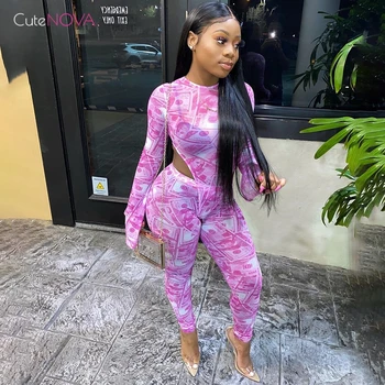 

CuteNOVA Bodysuit 2 Piece Set Women Outfit Tight Pants Casual 2020 Summer Printing Long Sleeve Outfit Summer Fashion Streetwear