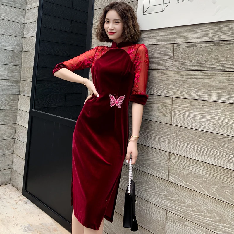Женское сексуальное платье Cheongsam, Благородное кружево, пэтчворк, Сплит, китайское вечернее платье, традиционная вышивка, Qipao, классическое платье