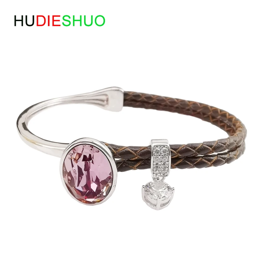 

HUDIESHUO Brown Pink Leather Cuff Bracelets Bangle Austria Imported Crystal Women Bangle Bacelet Femme Jewelry
