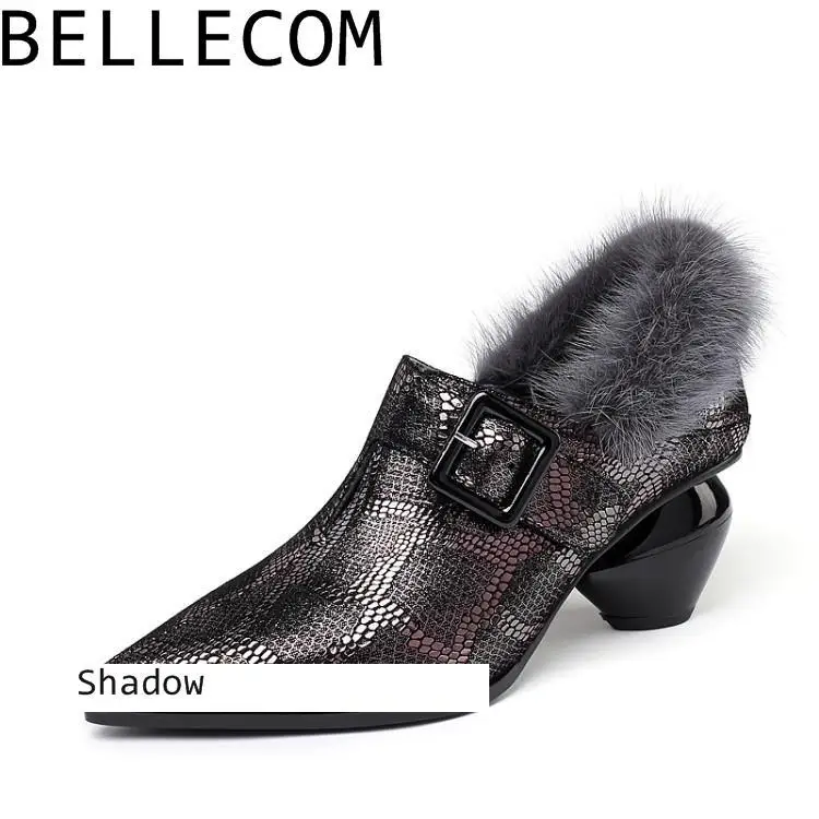

BELLECOM Shoe Woman Winter Increase Down 2020 High-heeled women Shoes Genuine Leather With Coarse With Single s high heels heel