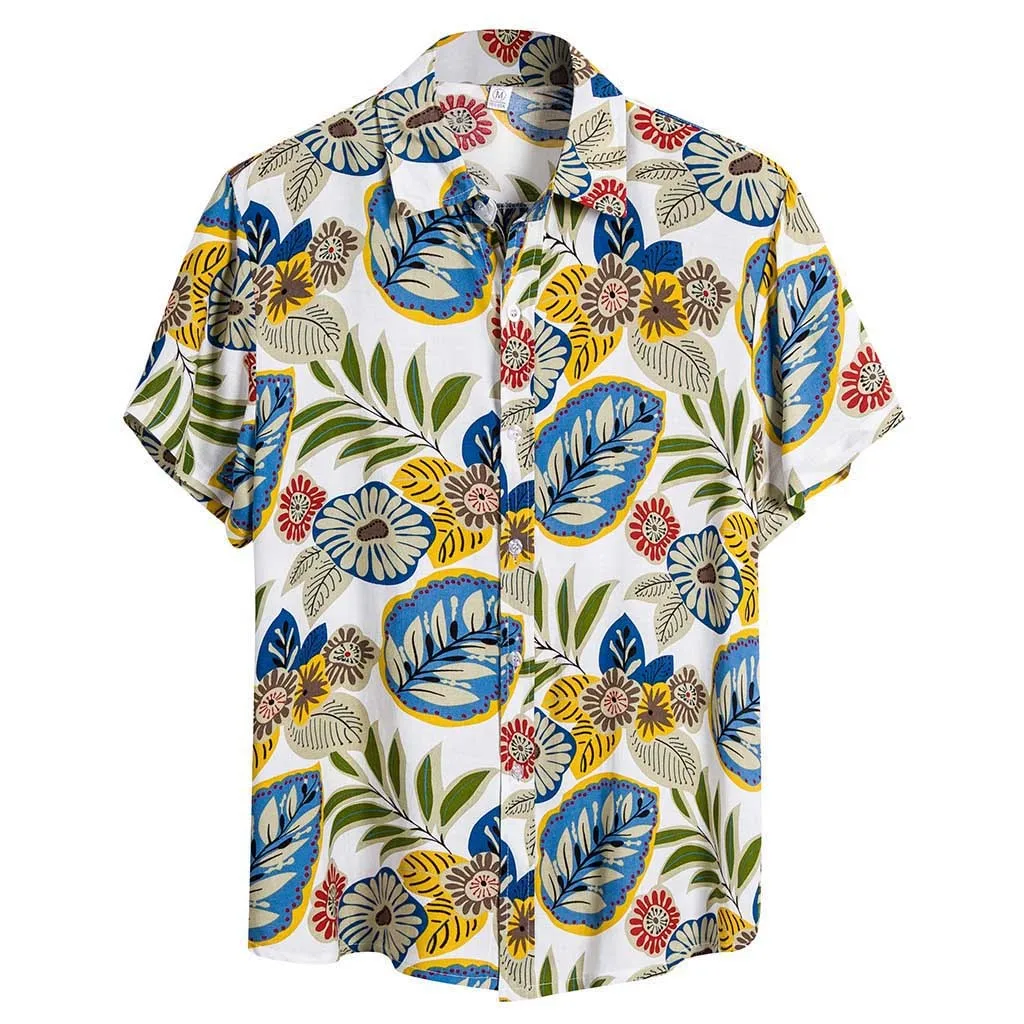 Mens Ethnic Short Sleeve floral Cotton Linen Print men Hawaiian Shirt