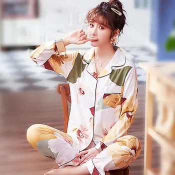 

Fashionable Pajamas Women's Korean Summer Spring and Autumn Long-sleeved Trousers Printed Nightwear Suit Pajamas for Women