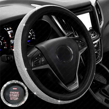 

New Diamond Leather Steering Wheel Cover with Bling Bling Crystal Rhinestones Universal Fit 15 Inch Anti-Slip Wheel Protector
