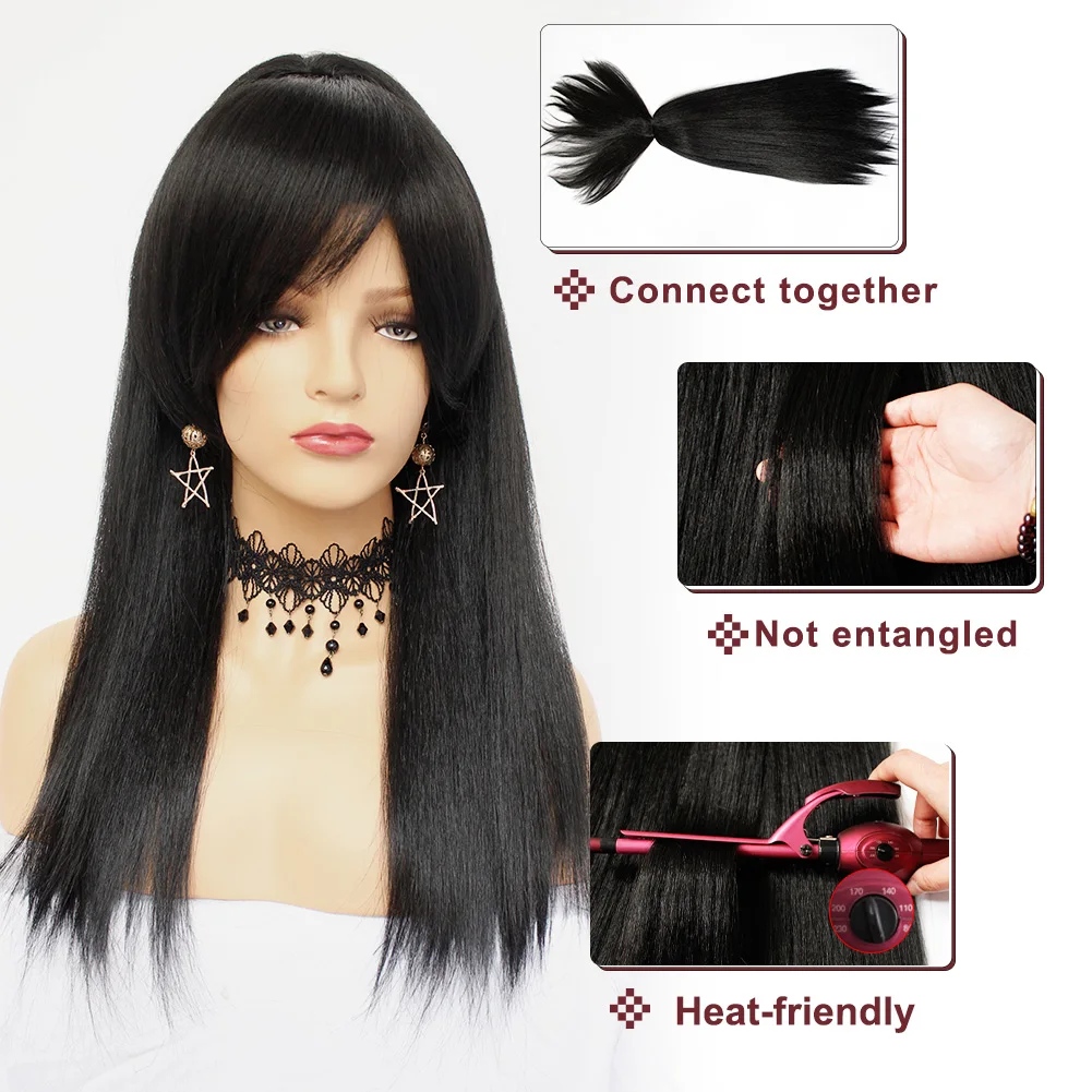 Ebingoo 1b Long Straight Ponytail Wig Hair Clip with Side Bangs Black Synthetic Soft Heat Resistant Futura Fiber Wig Hair 22 "