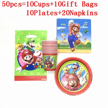 

80Pcs/50Pcs Disposable Tableware Hot Game Super Mario Bros Design Paper Plates +Cups+Napkins+Gift Bags Birthday Party Supplies