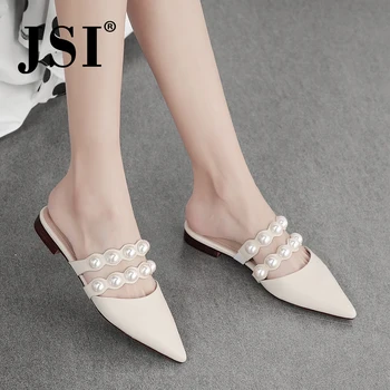 

JSI High Quality Leather Women's Slippers Fashion Pointed Toe Slip-On Flat Shoes Fashion Pearl Decoration Lady Flat Shoes JL40