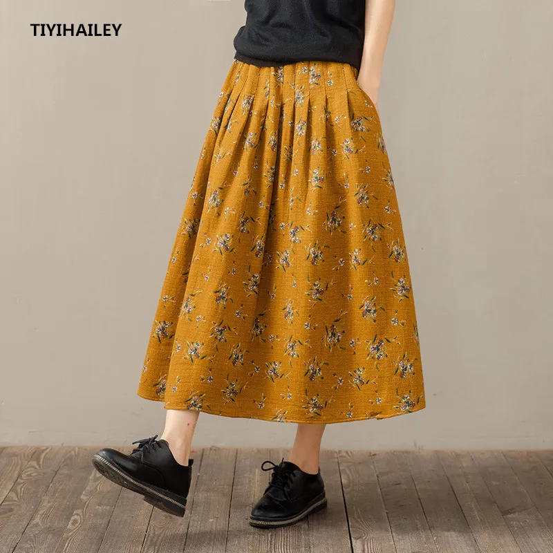 TIYIHAILEY Free Shipping 2020 Long Maxi A-line Skirts For Women Elastic Waist Autumn And Spring Cotton Linen Flower Print Skirts укороченные брюки uniqlo cotton relaco art flower