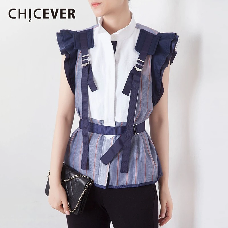

CHICEVER Striped Womens Tops And Blouses Stand Collar Butterfly Sleeve Sashes Slim Shirt Female Fashion New Casual 2019 Summer