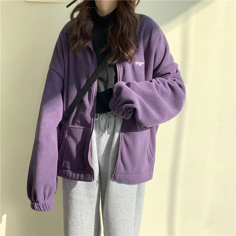 Women Plus Fleece Hoodies Autumn Streetwear Zip-up Oversize Sweatshirt Jacket Trendy Solid Pocket Turn-down Collar Women Outwear