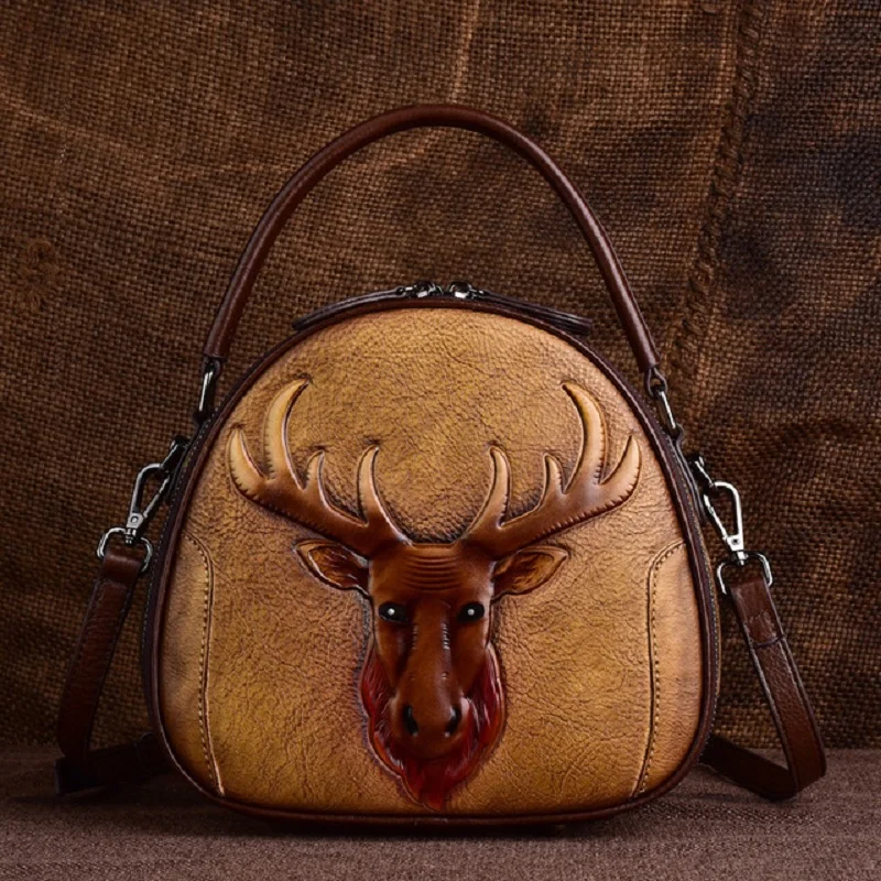 

WERAIMJX Retro Genuine Leather Women Bags Handbags High Quality Bull Head Embossed Women Shoulder Crossbody Bags Small Round Bag