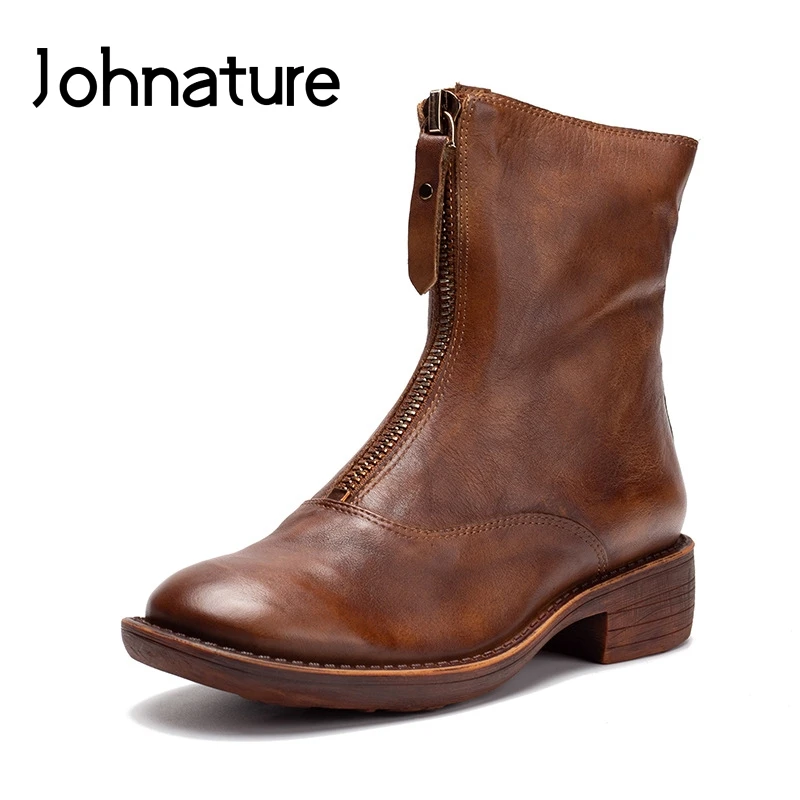 

Johnature Genuine Leather Ankle Platform Boots Women Shoes 2019 New Autumn Winter Round Toe Zipper Square Heel Women Boots