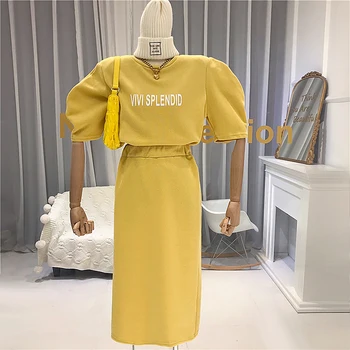 

two piece pants set women Casual Pullover Puff Sleeve + Elastic Waist pencil skirts women two piece outfits 2020 fashion
