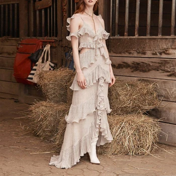 

Gedivoen Fashion Runway Midi Dress Women Spaghetti Strap Cascading Ruffle Printed Asymmetrical Dress Elegant Ladies Dresses