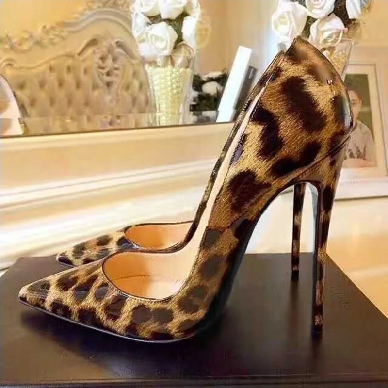 

Sexy Leopard High Heel Shoes 12cm Print Leather Stilettos Heels Women Dress Shoes Shallow Pointed Toe Celebrating Pumps